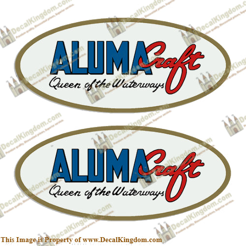 ALUMACRAFT "QUEEN OF THE WATERWAYS" OVAL BOAT DECALS (SET OF 2) - Boat Decals from DecalKingdomoutboard decal ALUMACRAFT "QUEEN OF THE WATERWAYS" OVAL BOAT DECALS (SET OF 2) vintage decals. Outboard engine graphics.