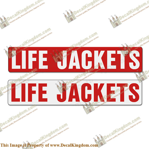 Boat Label Decals - Life Jackets (Set of 2) - Red or White Background - Boat Decals from DecalKingdomoutboard decal Boat Label Decals - Life Jackets (Set of 2) - Red or White Background vintage decals. Outboard engine graphics.