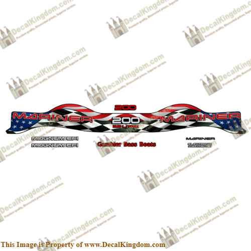 Custom Mariner 200hp Decal Kit (Racing/US Flag) - Wrap Around - Boat Decals from DecalKingdomoutboard decal Custom Mariner 200hp Decal Kit (Racing/US Flag) - Wrap Around vintage decals. Outboard engine graphics.