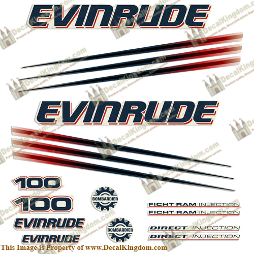 Evinrude 100hp Bombardier Decal Kit - 2002 - 2006 - Boat Decals from DecalKingdomoutboard decal Evinrude 100hp Bombardier Decal Kit - 2002 - 2006 vintage decals. Outboard engine graphics.