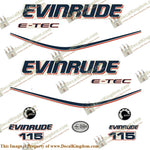 Evinrude 115hp E-Tec Decal Kit - 2004 - 2008 - Boat Decals from DecalKingdomoutboard decal Evinrude 115hp E-Tec Decal Kit - 2004 - 2008 vintage decals. Outboard engine graphics.