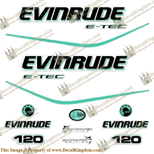 Evinrude 120hp E-Tec Decal Kit - Aqua - Boat Decals from DecalKingdomoutboard decal Evinrude 120hp E-Tec Decal Kit - Aqua vintage decals. Outboard engine graphics.