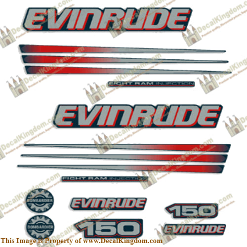 Evinrude 150hp Bombardier Decal Kit - Blue Cowl - Boat Decals from DecalKingdomoutboard decal Evinrude 150hp Bombardier Decal Kit - Blue Cowl vintage decals. Outboard engine graphics.