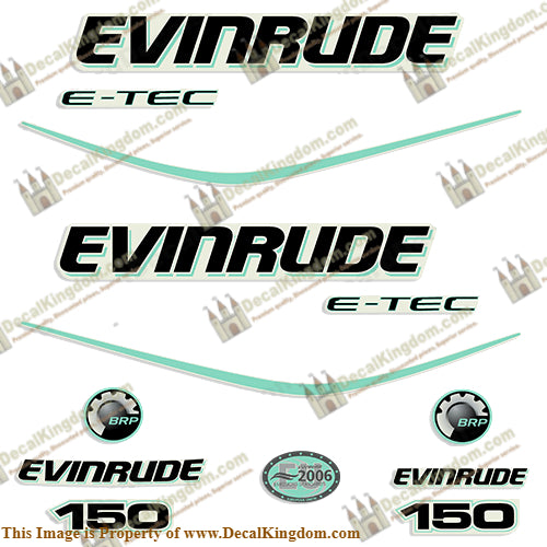 Evinrude 150hp E-Tec Decal Kit - Sea Foam Green - Boat Decals from DecalKingdomoutboard decal Evinrude 150hp E-Tec Decal Kit - Sea Foam Green vintage decals. Outboard engine graphics.