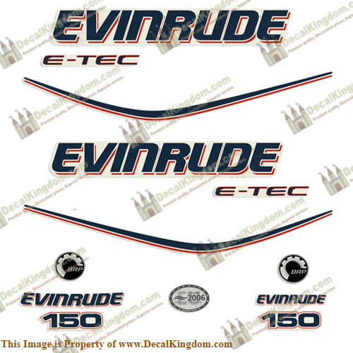 Evinrude 150hp E-Tec Decal Kit - Boat Decals from DecalKingdomoutboard decal Evinrude 150hp E-Tec Decal Kit vintage decals. Outboard engine graphics.