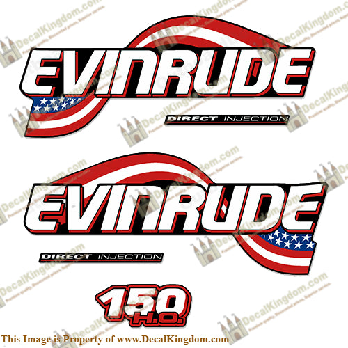 Evinrude 150hp HO Flag Series Decals - Boat Decals from DecalKingdomoutboard decal Evinrude 150hp HO Flag Series Decals vintage decals. Outboard engine graphics.