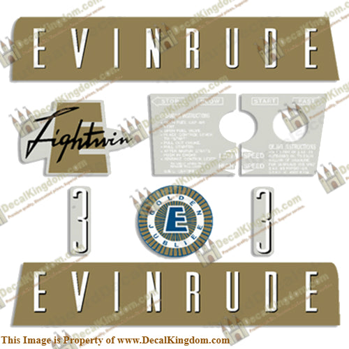 Evinrude 1959 3hp Decal Kit - Boat Decals from DecalKingdomoutboard decal Evinrude 1959 3hp Decal Kit vintage decals. Outboard engine graphics.