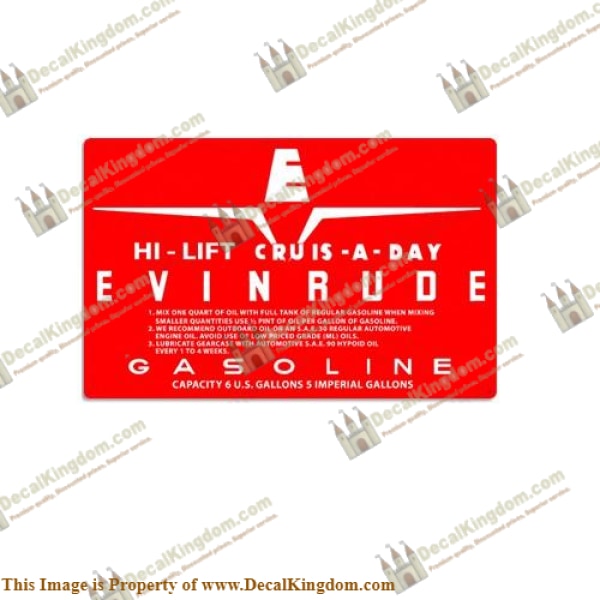 Evinrude 1959 6 Gallon High Lift Fuel Tank Decal - Boat Decals from DecalKingdomoutboard decal Evinrude 1959 6 Gallon High Lift Fuel Tank Decal vintage decals. Outboard engine graphics.