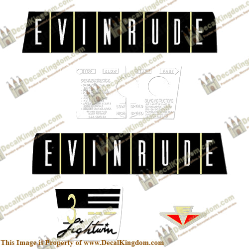 Evinrude 1960 3hp Decal Kit - Boat Decals from DecalKingdomoutboard decal Evinrude 1960 3hp Decal Kit vintage decals. Outboard engine graphics.
