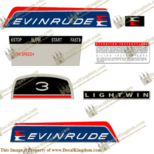 Evinrude 1966 3hp Lightwin Decal Kit - Boat Decals from DecalKingdomoutboard decal Evinrude 1966 3hp Lightwin Decal Kit vintage decals. Outboard engine graphics.