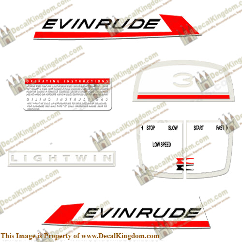 Evinrude 1967 3hp Lightwin Decal Kit - Boat Decals from DecalKingdomoutboard decal Evinrude 1967 3hp Lightwin Decal Kit vintage decals. Outboard engine graphics.