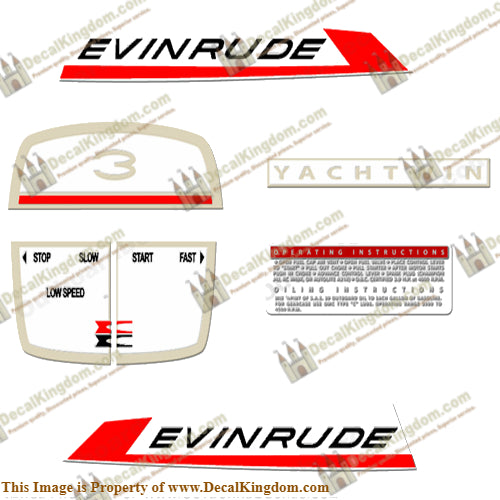 Evinrude 1967 3hp Yachtwin Decal Kit - Boat Decals from DecalKingdomoutboard decal Evinrude 1967 3hp Yachtwin Decal Kit vintage decals. Outboard engine graphics.