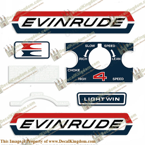 Evinrude 1970 4hp Decal Kit - Boat Decals from DecalKingdomoutboard decal Evinrude 1970 4hp Decal Kit vintage decals. Outboard engine graphics.