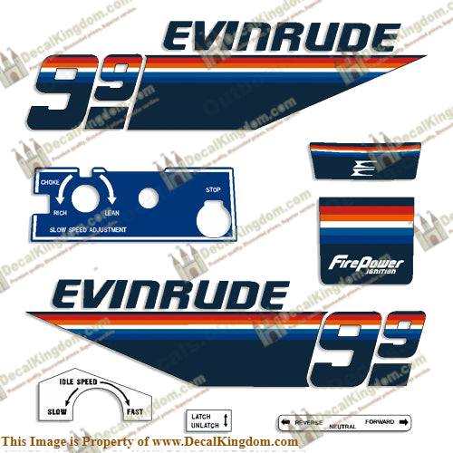 Evinrude 1978 9.9hp Decal Kit - Boat Decals from DecalKingdomoutboard decal Evinrude 1978 9.9hp Decal Kit vintage decals. Outboard engine graphics.