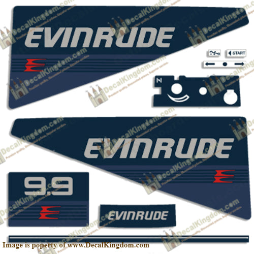 Evinrude 1986 9.9hp Decal Kit - Boat Decals from DecalKingdomoutboard decal Evinrude 1986 9.9hp Decal Kit vintage decals. Outboard engine graphics.