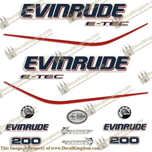 Evinrude 200hp E-Tec Decal Kit - Boat Decals from DecalKingdomoutboard decal Evinrude 200hp E-Tec Decal Kit vintage decals. Outboard engine graphics.