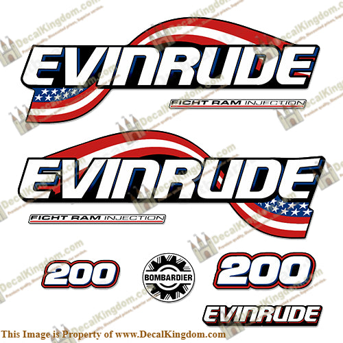 Evinrude 200hp Flag Series Decals - Boat Decals from DecalKingdomoutboard decal Evinrude 200hp Flag Series Decals vintage decals. Outboard engine graphics.