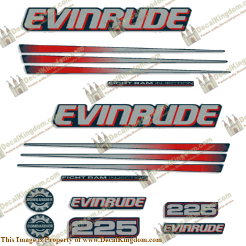 Evinrude 225hp Bombardier Decal Kit - Blue Cowl - Boat Decals from DecalKingdomoutboard decal Evinrude 225hp Bombardier Decal Kit - Blue Cowl vintage decals. Outboard engine graphics.