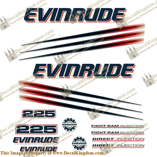 Evinrude 225hp Bombardier Decals 2002 - 2006 - Boat Decals from DecalKingdomoutboard decal Evinrude 225hp Bombardier Decals 2002 - 2006 vintage decals. Outboard engine graphics.
