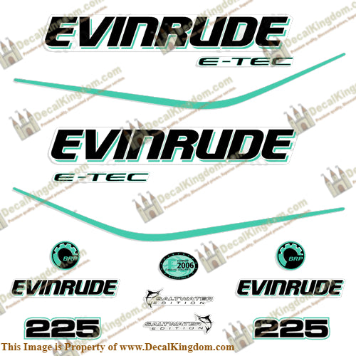 Evinrude 225hp E-Tec Decal Kit - Aqua - Boat Decals from DecalKingdomoutboard decal Evinrude 225hp E-Tec Decal Kit - Aqua vintage decals. Outboard engine graphics.