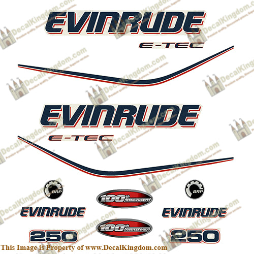 Evinrude 250hp E-Tec 100th Anniversary Decal Kit - Boat Decals from DecalKingdomoutboard decal Evinrude 250hp E-Tec 100th Anniversary Decal Kit vintage decals. Outboard engine graphics.
