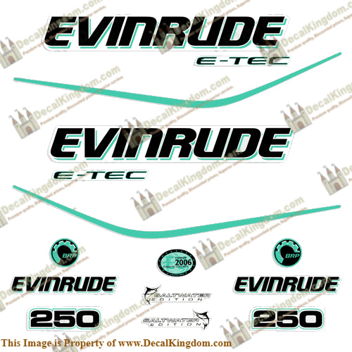 Evinrude 250hp E-Tec Decal Kit - Aqua - Boat Decals from DecalKingdomoutboard decal Evinrude 250hp E-Tec Decal Kit - Aqua vintage decals. Outboard engine graphics.