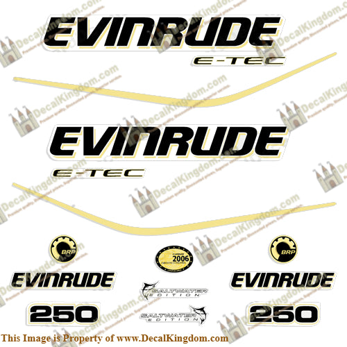 Evinrude 250hp E-Tec Decal Kit - Yellow - Boat Decals from DecalKingdomoutboard decal Evinrude 250hp E-Tec Decal Kit - Yellow vintage decals. Outboard engine graphics.