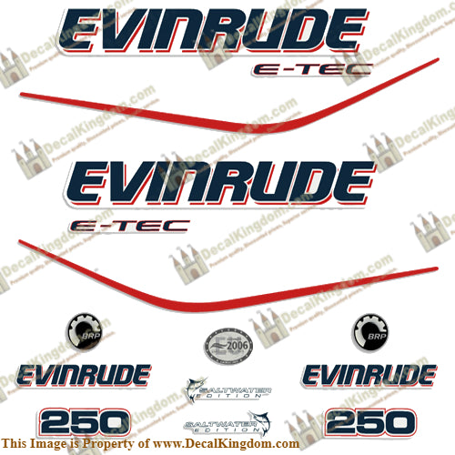 Evinrude 250hp E-Tec Decal Kit - Boat Decals from DecalKingdomoutboard decal Evinrude 250hp E-Tec Decal Kit vintage decals. Outboard engine graphics.