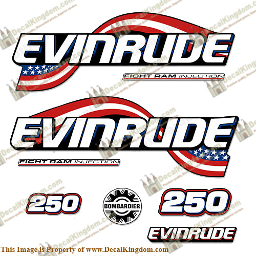 Evinrude 250hp Flag Series Decals - Boat Decals from DecalKingdomoutboard decal Evinrude 250hp Flag Series Decals vintage decals. Outboard engine graphics.