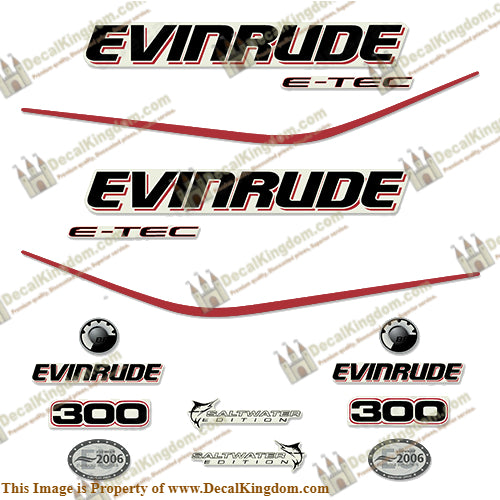 Evinrude 300hp E-Tec Decal Kit - Boat Decals from DecalKingdomoutboard decal Evinrude 300hp E-Tec Decal Kit vintage decals. Outboard engine graphics.