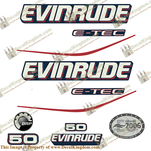 Evinrude 50hp E-Tec Decal Kit - Blue Cowl - Boat Decals from DecalKingdomoutboard decal Evinrude 50hp E-Tec Decal Kit - Blue Cowl vintage decals. Outboard engine graphics.