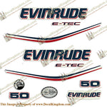 Evinrude 50hp E-Tec Decal Kit - Boat Decals from DecalKingdomoutboard decal Evinrude 50hp E-Tec Decal Kit vintage decals. Outboard engine graphics.
