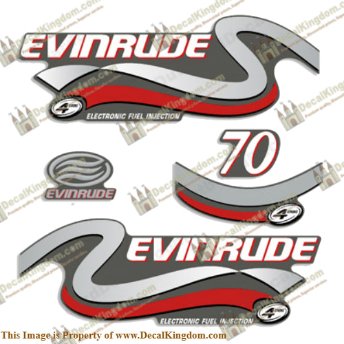 Evinrude 70hp FourStroke Decals (Silver) - 1999 - Boat Decals from DecalKingdomoutboard decal Evinrude 70hp FourStroke Decals (Silver) - 1999 vintage decals. Outboard engine graphics.