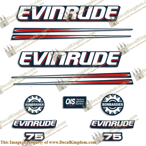 Evinrude 75hp Bombardier Decal Kit - Blue Cowl - Boat Decals from DecalKingdomoutboard decal Evinrude 75hp Bombardier Decal Kit - Blue Cowl vintage decals. Outboard engine graphics.