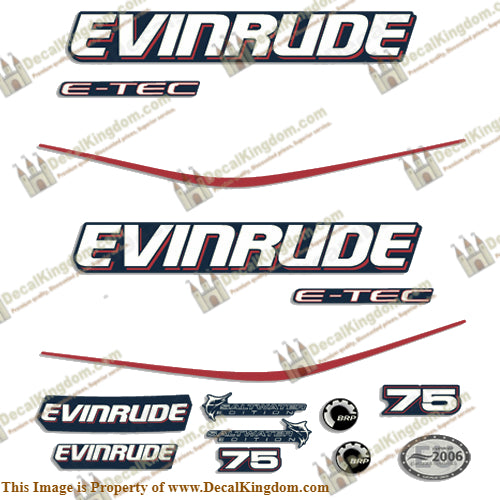 Evinrude 75hp E-Tec Decal Kit - Blue Cowl - Boat Decals from DecalKingdomoutboard decal Evinrude 75hp E-Tec Decal Kit - Blue Cowl vintage decals. Outboard engine graphics.