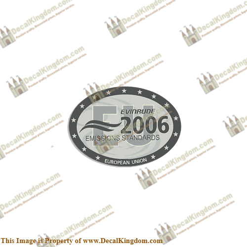 Evinrude Single "2006 Emissions European Union" Decal - Boat Decals from DecalKingdomoutboard decal Evinrude Single "2006 Emissions European Union" Decal vintage decals. Outboard engine graphics.