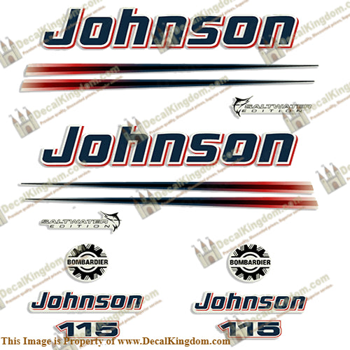 Johnson 115hp Saltwater Decals (White Cowl) 2004+ - Boat Decals from DecalKingdomoutboard decal Johnson 115hp Saltwater Decals (White Cowl) 2004+ vintage decals. Outboard engine graphics.