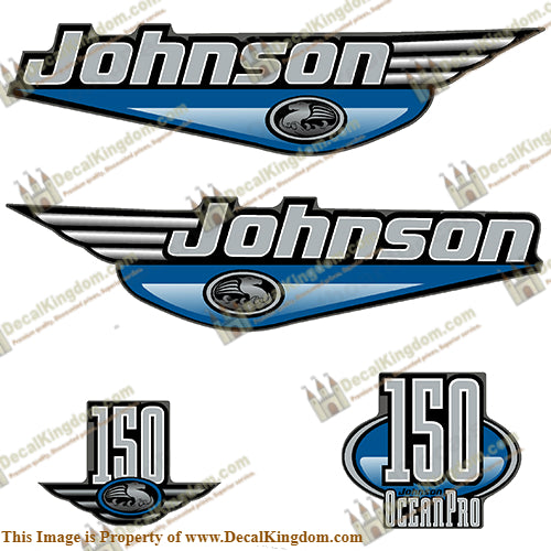 Johnson 150hp OceanPro Decals - 1999 (Light Blue) - Boat Decals from DecalKingdomoutboard decal Johnson 150hp OceanPro Decals - 1999 (Light Blue) vintage decals. Outboard engine graphics.