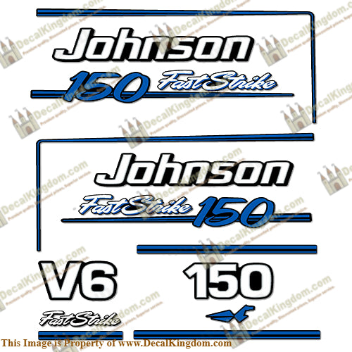 Johnson 150hp V6 FastStrike Decals - 1991 - 1996 (Blue) - Boat Decals from DecalKingdomoutboard decal Johnson 150hp V6 FastStrike Decals - 1991 - 1996 (Blue) vintage decals. Outboard engine graphics.