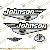 Johnson 15hp Decals - Silver - Boat Decals from DecalKingdomoutboard decal Johnson 15hp Decals - Silver vintage decals. Outboard engine graphics.