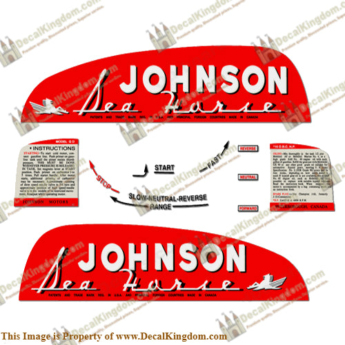 Johnson 1950 10hp Decals (QD-10) - Boat Decals from DecalKingdomoutboard decal Johnson 1950 10hp Decals (QD-10) vintage decals. Outboard engine graphics.