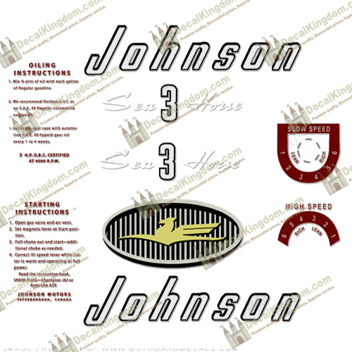 Johnson 1957 3hp Decals - Boat Decals from DecalKingdomoutboard decal Johnson 1957 3hp Decals vintage decals. Outboard engine graphics.