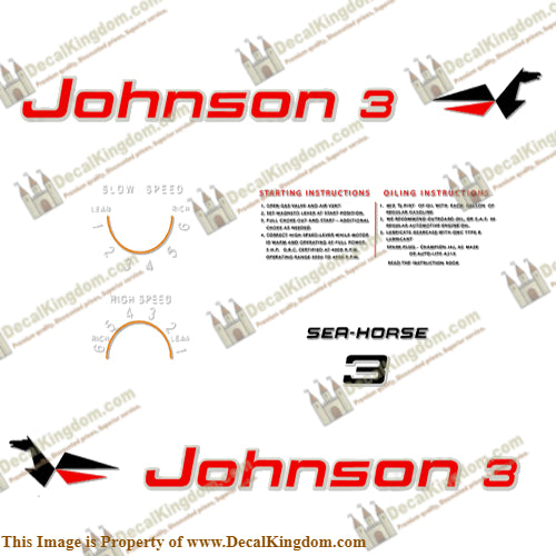Johnson 1962 3hp Decals - Boat Decals from DecalKingdomoutboard decal Johnson 1962 3hp Decals vintage decals. Outboard engine graphics.