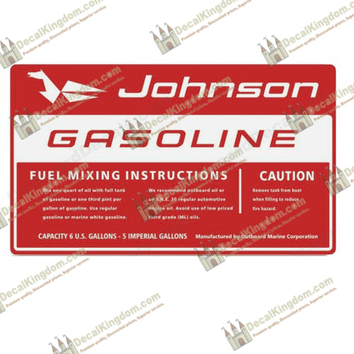 Johnson 1960 6 Gallon Gas Tank Decal - Boat Decals from DecalKingdomoutboard decal Johnson 1960 6 Gallon Gas Tank Decal vintage decals. Outboard engine graphics.