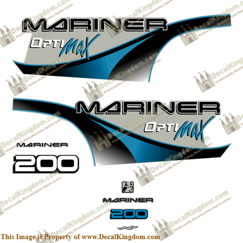 Mariner 200hp Optimax Decal Kit - 2000 (Blue) - Boat Decals from DecalKingdom Mariner 200hp Optimax Decal Kit - 2000 (Blue) outboard decal Mariner 200hp Optimax Decal Kit - 2000 (Blue) vintage decals