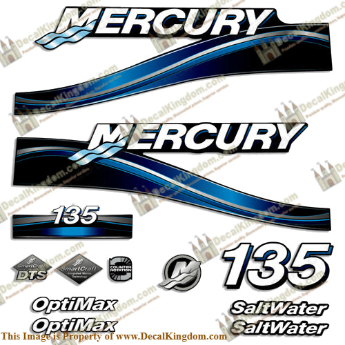 MERCURY 135HP OPTIMAX SALTWATER DECALS - 2005 (Blue) - Boat Decals from DecalKingdom MERCURY 135HP OPTIMAX SALTWATER DECALS - 2005 (Blue) outboard decal MERCURY 135HP OPTIMAX SALTWATER DECALS - 2005 (Blue) vintage decals