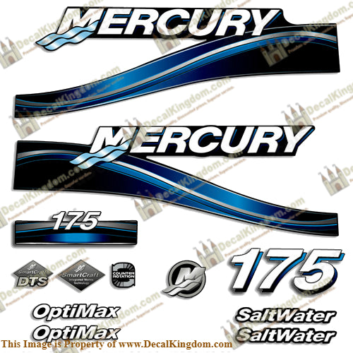 MERCURY 175HP OPTIMAX SALTWATER DECALS - 2005 (Blue) - Boat Decals from DecalKingdom MERCURY 175HP OPTIMAX SALTWATER DECALS - 2005 (Blue) outboard decal MERCURY 175HP OPTIMAX SALTWATER DECALS - 2005 (Blue) vintage decals