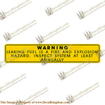 Warning Decal - Leaking Fuel...Inspect System - Boat Decals from DecalKingdom Warning Decal - Leaking Fuel...Inspect System outboard decal Warning Decal - Leaking Fuel...Inspect System vintage decals
