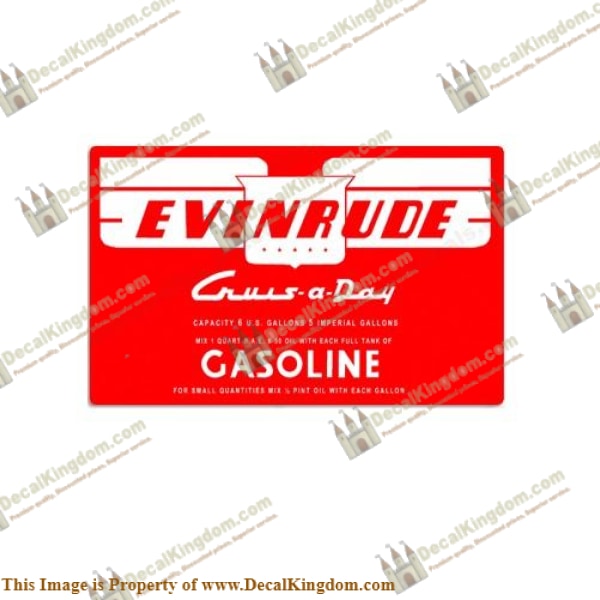 Evinrude 1953-1956 6 Gallon Fuel Tank Decal - Boat Decals from DecalKingdomoutboard decal Evinrude 1953-1956 6 Gallon Fuel Tank Decal vintage decals. Outboard engine graphics.